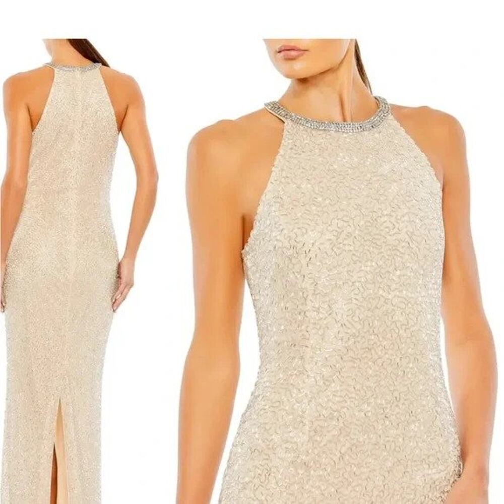 Mac Duggal Beaded Halter Neck Body Skimming Gown Silver Cream Size 6 NWT - Picture 4 of 11